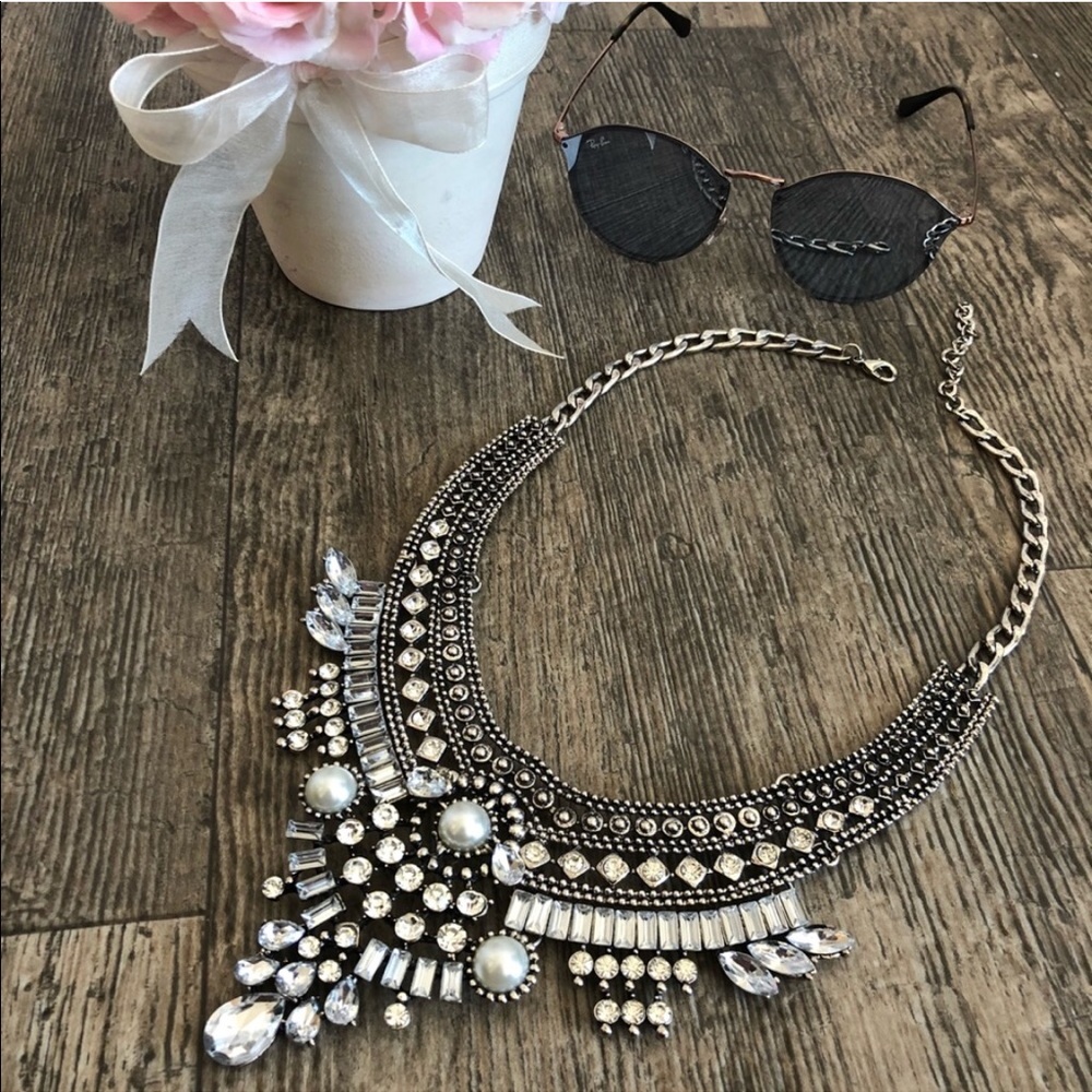 Statement Chunky Silver Necklace Rhinestones Boho - image 1